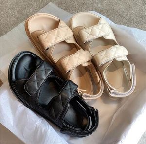 Designer sandals women designer shoes summer dad sandal letter double strip calf leather casual shoe quilted platform summer beach sandale de createur rubber sh061