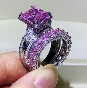 2020 Neue meistverkaufte Luxusschmuck 925 Sterling Silber Paar Ringe Eiffelturm Prinzessin Pink Sapphire Frauen Hochzeit Brautring7763183