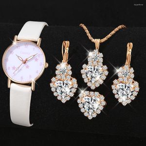 Orologi da polso bianco 5pcs/set women quart owatch orologio in pelle orologio da stella rosa quadrante geloso set di gioielli a forma di cuore per mamma