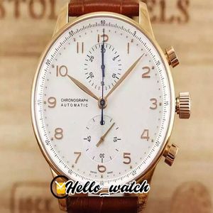 Billiga nya 40 9mm Rose Gold Case Miyota Qaurtz Chronogrpah Mens Watch White Dial Brown Leather Strap Watches High Quality Hello Watch 9C 242J