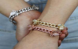 10mm Pink Miami Cuban Link Bracelet With Butterfly Bling Women Jewelry Zircon Hip Hop Chain Bangle8905590