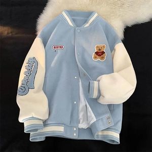 Kvinnorjackor Chic Spring/Fall Preppy Style Baseball Jacket Women Casual Bear broderad kappa Y2K Män och parkläder