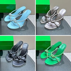 Designer Women Heels Sandals Dress Shoes interlacing tubular leather straps Sexy Mules Party Evening Shoes 8.5cm Mid Black Green Silver Gold Heels With Box 35-43