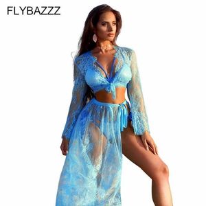 Women Beach Wear 2019 New S Through Mesh Beach Cover Ups Sexy Lace Women Long Slve Short Top+Bandage Skirts Bikini Swimsuit Cover Up 2PCS/Set Y240504