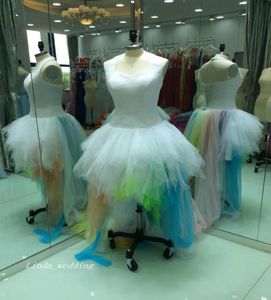 2019 Real Pictures Rainbow Ball Gown Wedding Dress Halter Backless Ruffle Tulle Bridal Gown Plus Size Custom Made Vestido De noiva1852623