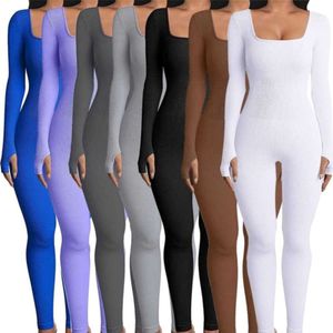 Women Jumpsuits Spring New Product With Threaded Square Neck And Buttocks Lifting Slim Fitting Sexy Rompers S-3XL