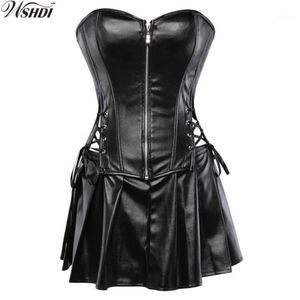 Black Faux Leather Corset Dress Overbust Boned Basque Mini Skirt Sexy Lingerie Bodyshaper Slimsuit Nightwear S-6XL Plus Size1 321M