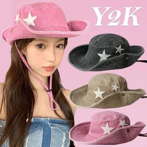 Y2K Punk Bucket Hats Women Cotton Pink Star Retro Big Brim Sun Protection Mountaineering Cap Spring and Summer Outdoor Mens Hat 240426