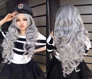WoodFestival Grey Wig with Bangs Curly Synthetic Wigs Long Wavy Grandmother Gray Hair 80 cm9120110