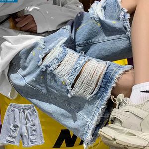 メンズショーツ2019ヒップホップティアデニムショーツY2KメンズTシャツヴィンテージDestrowed Ho Baggy Jeansファッショナブルな夏のルーズショーツブラックH240508