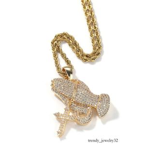 Iced Out CZ Diamond Prayer Hands Pendant Necklace Gold Sier Plated with Tennis Chain Vintage Hip Hop Jewelry Gift