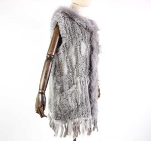 Harppihop Fur New Natural Fur Vest本物のウサギの毛皮ニットジレットとフード付きロングコートジャケット女性Winter V21105 Q08279308198