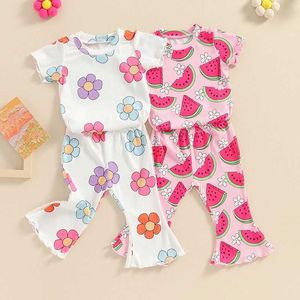 Kleidungssets 1-5T Kleinkind Baby Girl Sommer Outfi Blumenstrick gerippter Kurzarm T-Shirts Tops Flare Hosen Set Little Kids Cutoth H240508