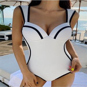 Neue sexy weibliche Badebekleidung Vintage ein Stück Ruffen Schub auf schwarze weiße Badebekleidung Frauen Einfach Monokini gepolstert Korea Badeanzüge 204r