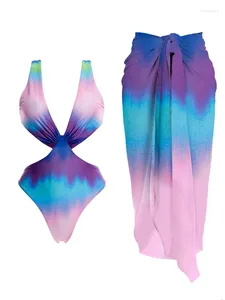 Ombre Print One Piece Swimsuit и прикрывайте Deep V Neck Swimwear для женщин в стиле пляжа костюмы Backless Fashion 2024