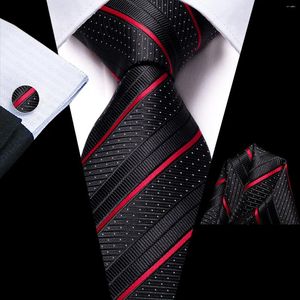 Bow Ties Hi-Tie Designer Black Red Striped Silk Wedding Tie For Men Handky Cufflink Gift Elegant Slips Set Fashion Business Party