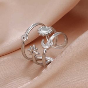 Wedding Rings Skyrim Boho Sun Moon Star Women Ring Stainless Steel Gold Color Three Layers Open Rings Trendy Jewelry Valentines Day Gift New