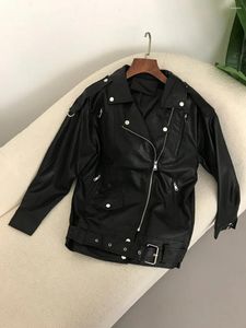 Women's Leather PU Jackets Women Motorcycle Faux Fashion Blackwith Belt Oversized Korean Loose Causal Outerwear