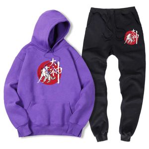 Men's Tracksuits Anime japonês Grande Deus Sumi-E Mens com capuz+calça de calça moda e quente Camisa esportiva esportiva+calça esportiva Setl2405