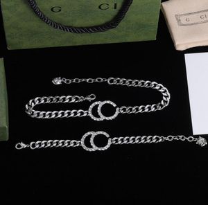 Luxury Designer Silver Plated Necklace Bracelet Crystal Rhinestone Letter Choker Statement Necklaces Chunk Chain Bracelets Women Jewelry Sets