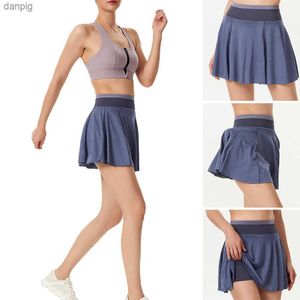 Spódnice Oddychająca niebieska spódnica Faux Dwuczęściowa Design Design High talle z wewnętrzną kieszenią mające zastosowanie do tenisowej działającej fitness DK10 Y240508