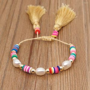 Link Bracelets Go2Boho Fresh Water Pearl Bracelet For Woman Rainbow Polymer Clay Jewelry Golden Bead Jewellery Friendship Tassel