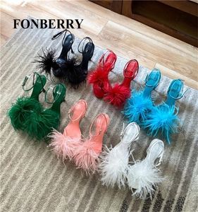 Fonberry 41 размер страуса с пера с высокими каблуками сандалии женщин летние дизайнерские женские стриптизерши для шлепанцев.