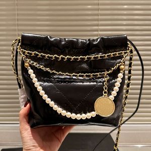 Designer 22 Hobo Pearls Chain Mini Tote Bag Women Cowhide Leather Quiltning Drawstring Shopping Handväska Lady Weave Chain Coin Rem axelväskor Spegel Kvalitet