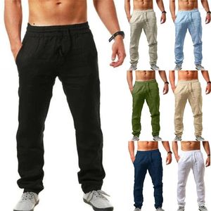 Calça masculina linho de algodão verão colorida de cor de respiração respirável masculino elástico elástico casual fitness hip-hop streetwear