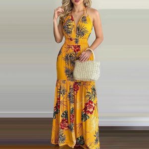 Casual Dresses Fashion Women Backless Halter V-Neck Maxi Dress Party Wear Floral Sleeveless Vacation Holiday Bohemian Long 263k