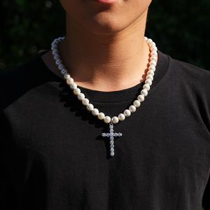 Pearl Chain Necklace Cross Pendant Hip Hop Necklaces for Women Men 8-10mm Pearls Beads Link Vintage Necklace Statement Jewelry Gift 2827