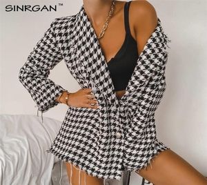 SINRGAN Dogtooth Woven Double Breasted Boxy Blazer High Quality Long Sleeve Plaid Tassel Jacket Dress Outerwear Winter 2010178713548