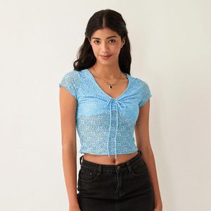 Magliette da donna Summer Color Solid Tops aderenti Tops a manica corta t-shirt in pizzo ritagliato