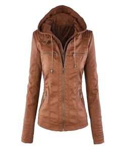 Кожаная куртка Monerffi Женщины осенние мотоцикл Plus Plus Size Кожаное пальто повседневное с длинным рукавом уличная одежда с капюшоном Lady 2011125174678