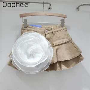 Skirts Ruffled Fashionable Three-Dimensional Large Flower Decorative A-Type Light Blue Denim Skirt 2024 Summer Women Mini