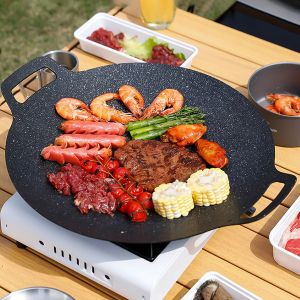 Grillar Leeseph Korean BBQ Grill Pan Round Griddle Pan For Gas Open Fire Camping Home Outdoor Spises Circular Flera storlekar Svart