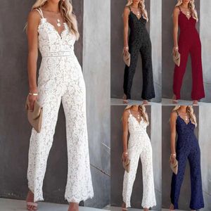 Kvinnors jumpsuits rompers solid spets jumpsuits kvinnor slösa romper hög midja V-ringningsbrett benspel och jumpsuit kvinnor bodysuit combinaison femme d240507