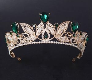 Vintage zielony czerwony ślubny tiara moda Złoty diadem dla kobiet suknia ślubna biżuteria