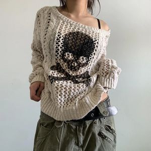 Harajuku Grunge Y2K美学レトロジャンパースケルトンプリントホローニットセーター秋のフルセットハンドル240426