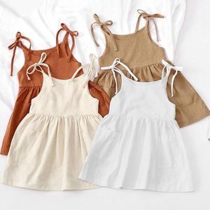 Solid Color Dress Kid Sleeveless Kne-Length Pure Cotton Girl Kirt Summer One-Piece Dress Beachwear Breattable 2024 Ny stil