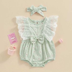 Tonpers yeni doğan bebek kız bebek yaz çiçek dantel patchwork romper kıyafetleri kısa kollu tatlı üçgen tabanlı tulum+kafa bandı h240508