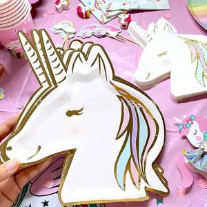 Einweg -Geschirr Einhorn Einweg -Desktop -Software Party liefert Pappe Servietten Happy Birthday Decoration Rainbow Horse Girl Q240507