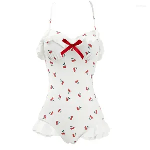 Kvinnors badkläder Lolita Cherry Ruffle Swimsuit Women Bandage Lace Up Bathing Suit Hollow Out Monokini Bodysuit Beachwear