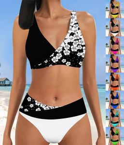 Frauen Badebekleidung Sommer High Elastic Bikini Set mit hochwertigem kleinem Blumendruck sexy Schnüre-up-Fashion Beach Badeanzug S-5xl