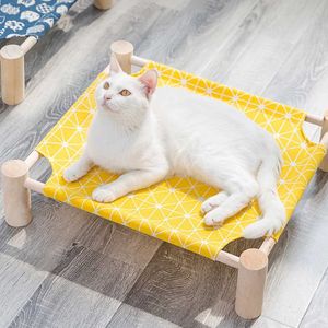 Kattbäddar möbler slitstark duk kattbädd hus förhöjd katt hängmattor kudde trä canvas katt lounge säng för små hundar katter hus husdjur produkter d240508