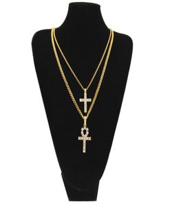 Gold Silver Egyptian Ankh med korshalsband Set Bling Rhinestone Crystal Key Cross Halsband Hip Hop Jewelry Set7465182