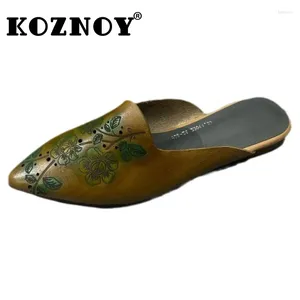 Tofflor Koznoy 1cm Summer Point Toe äkta kvinnor läder sandaler fretwork mode damer etnisk ihålig toffel glid på skor