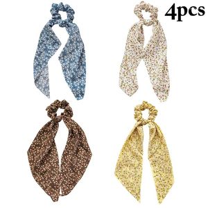 4pcs Fashion Flower Print Bow Girls Elastic Hair Bands Long Ribbon Ponytail Scarf Tie Women Scrunchies Accessories