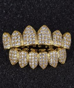 Luksusowy design diamentowy zęby grillz złote kły wampirów cZ grillz dla mężczyzn kobiety górne dolne grillz z formowaniem 8388832