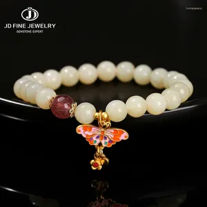 Strand JD Natural Stone Chinese Hetian Jade Metal Butterfly Pendant Bracelet Women Luxury Stretch Bangles Yoga Lucky Jewelry